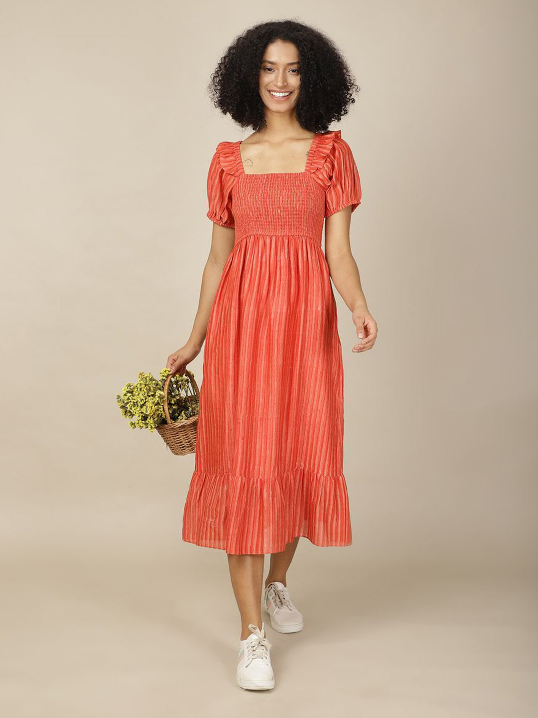

A Little Fable Women Solid Puff Sleeve Square Neck Fit and Flare Midi Dress, Red