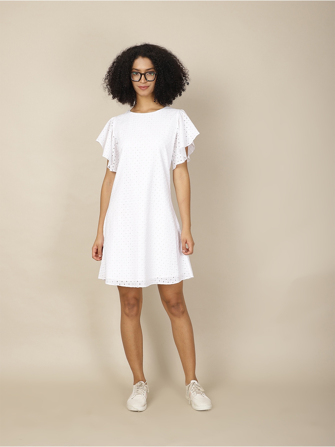 

A Little Fable Self Design Above Knee Round Neck A-Line Dress, White