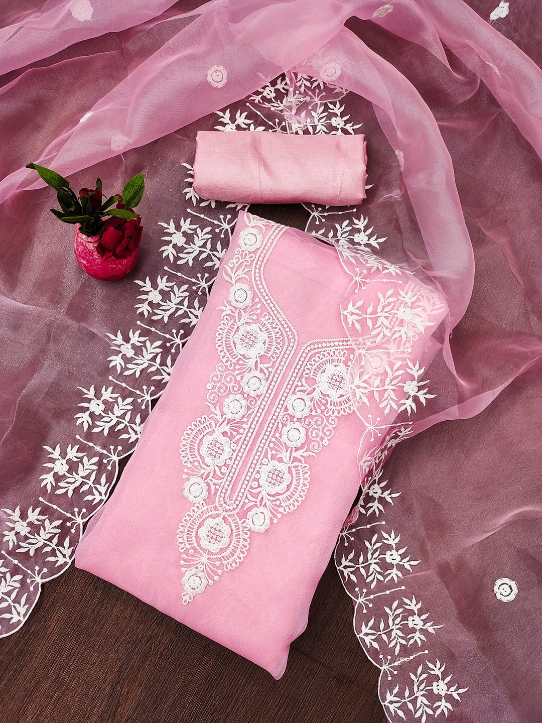 

KIMISHA Floral Embroidered Unstitched Dress Material, Pink