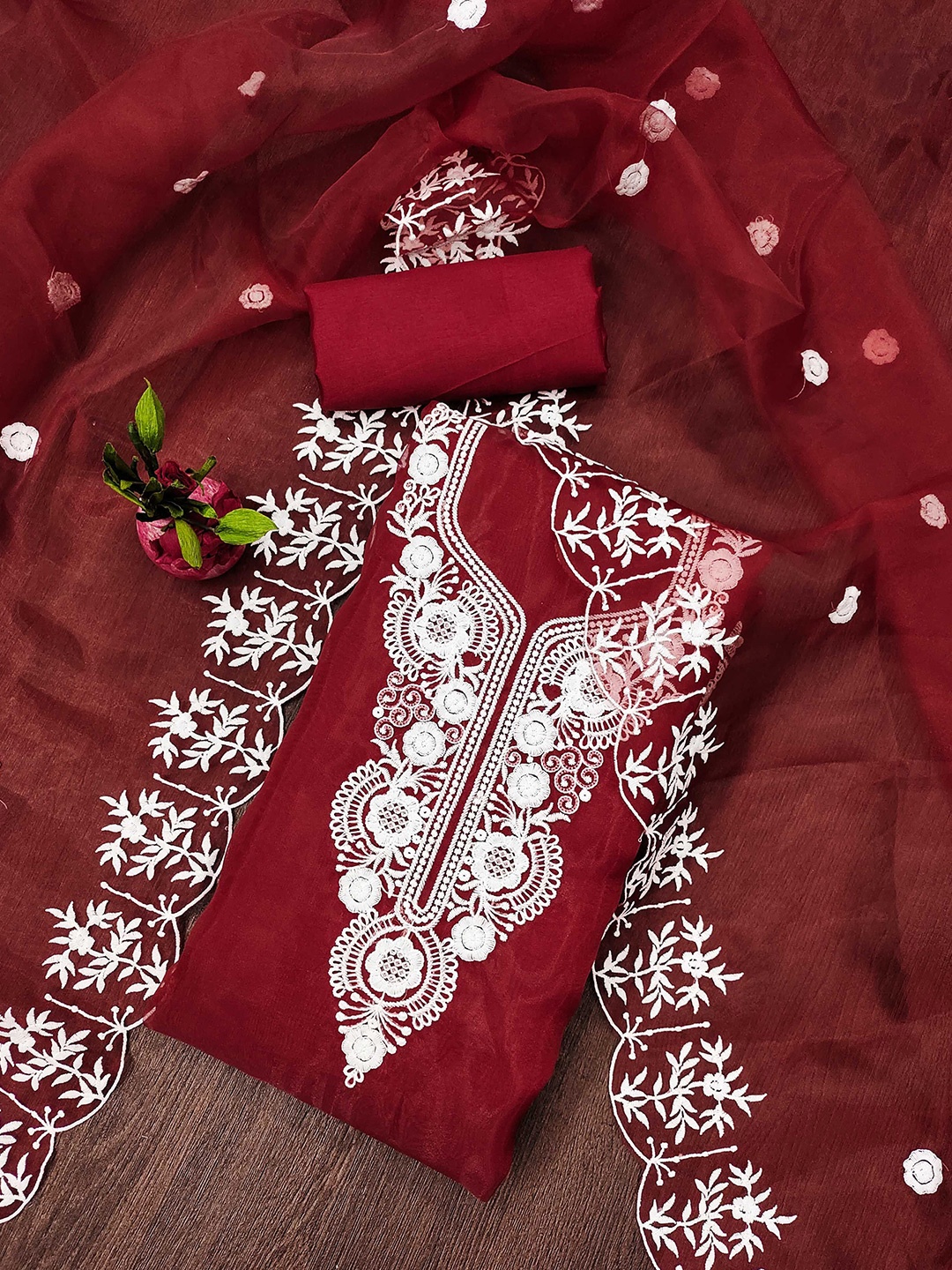 

KIMISHA Floral Embroidered Unstitched Dress Material, Maroon