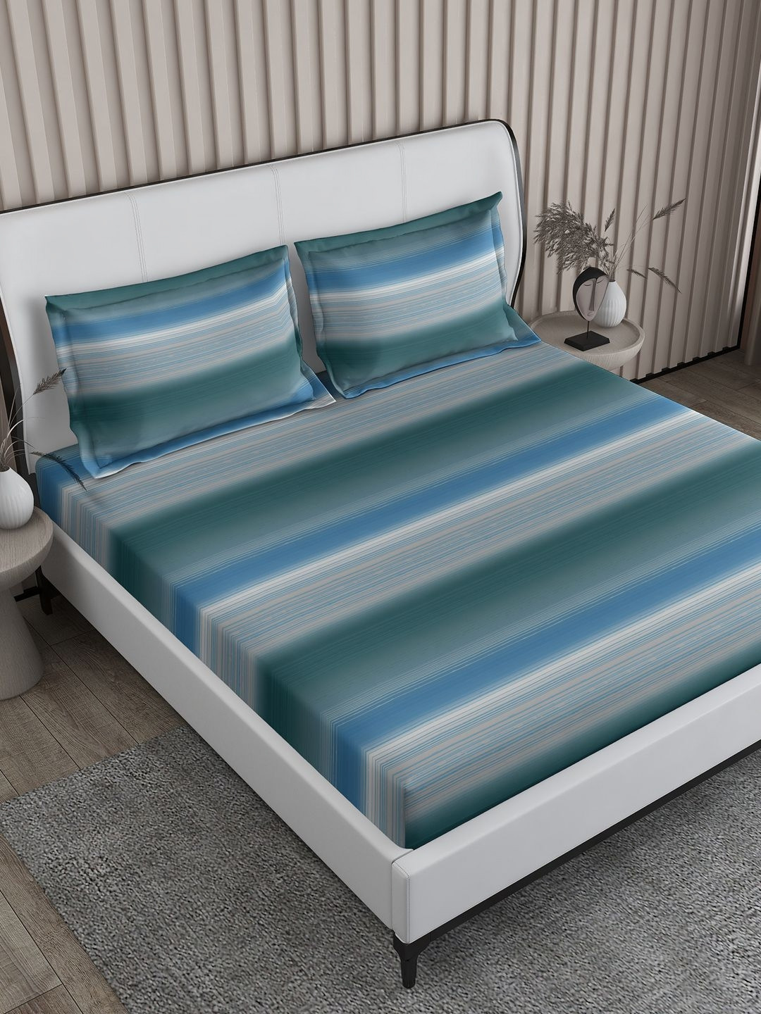 

Boutique Living India Blue Striped Cotton 300 TC King Bedsheet with 2 Pillow Covers