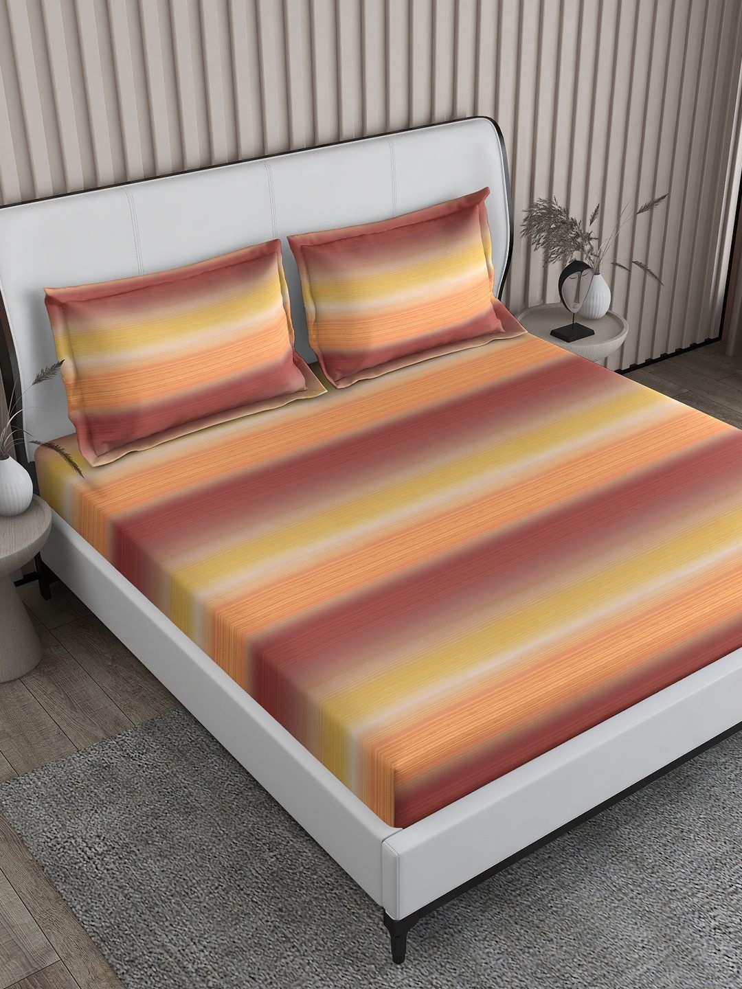 

Boutique Living India Orange Striped Cotton 300 TC King Bedsheet with 2 Pillow Covers