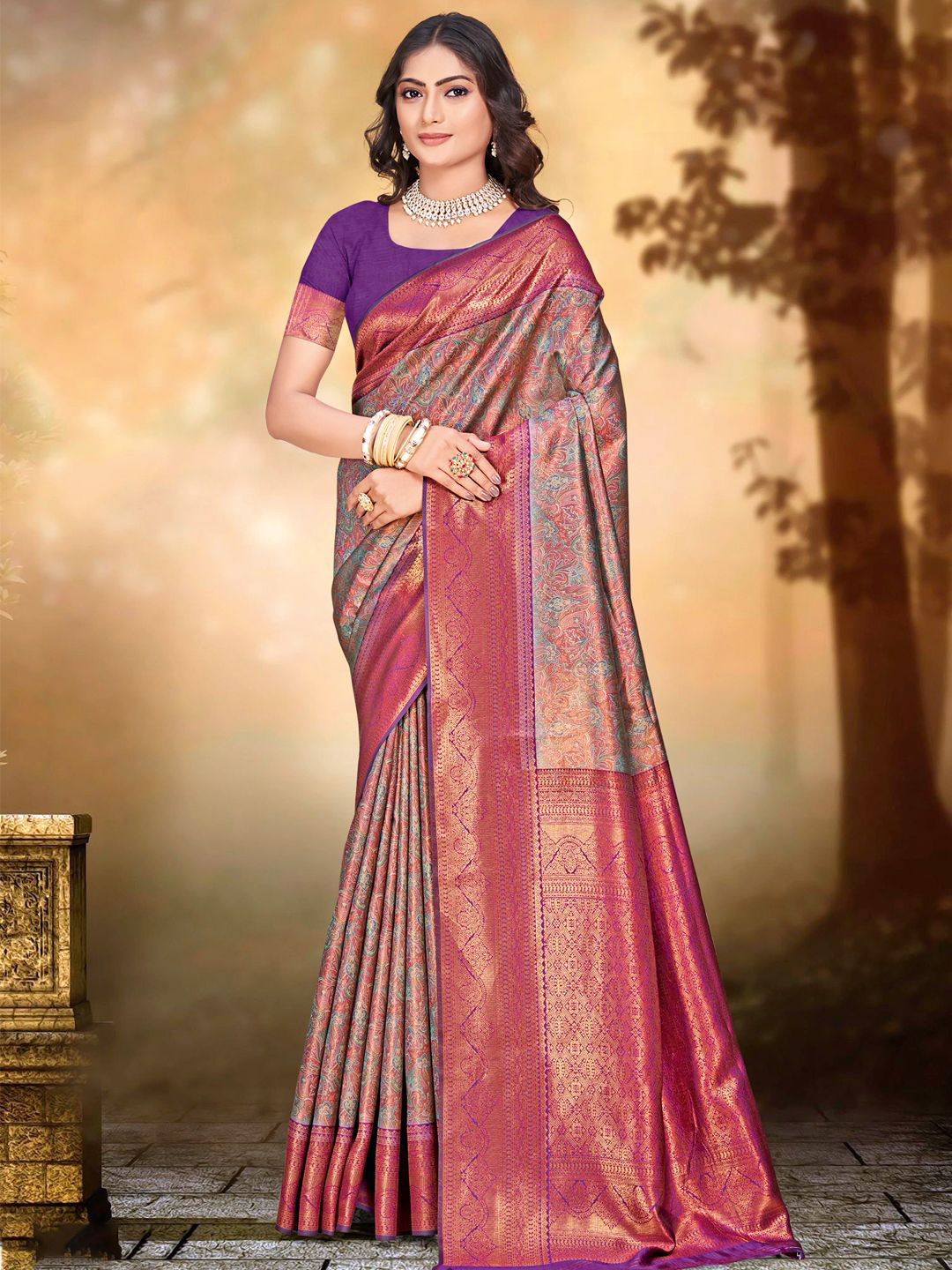 

SANGAM PRINTS Woven Design Zari Tussar Saree, Purple
