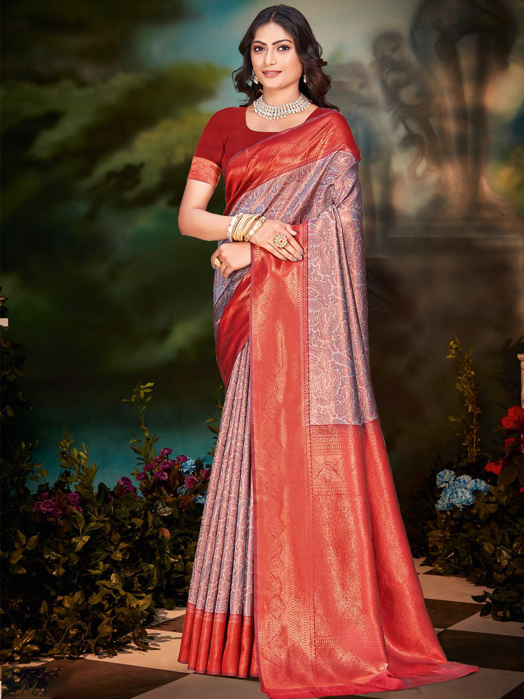 

SANGAM PRINTS Paisley Zari Tussar Saree, Grey