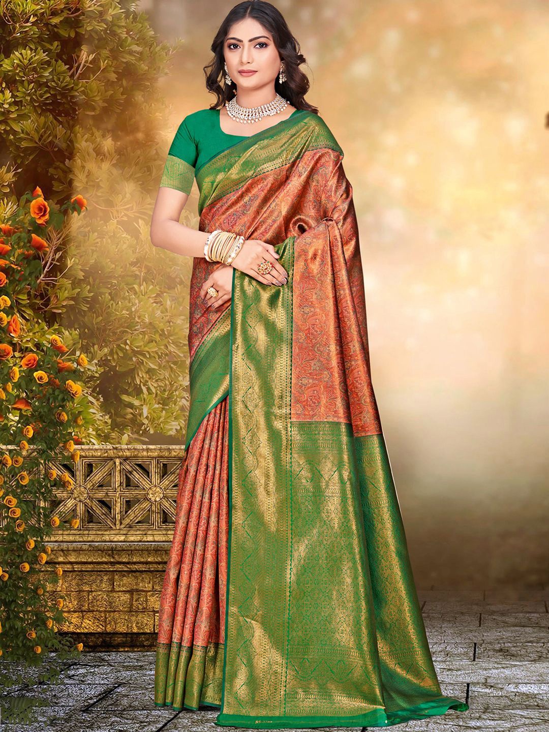 

SANGAM PRINTS Woven Design Zari Tussar Saree, Orange