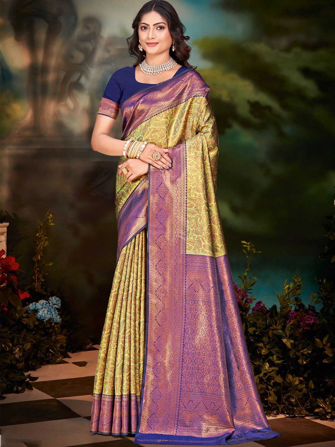

SANGAM PRINTS Woven Design Zari Tussar Saree, Yellow