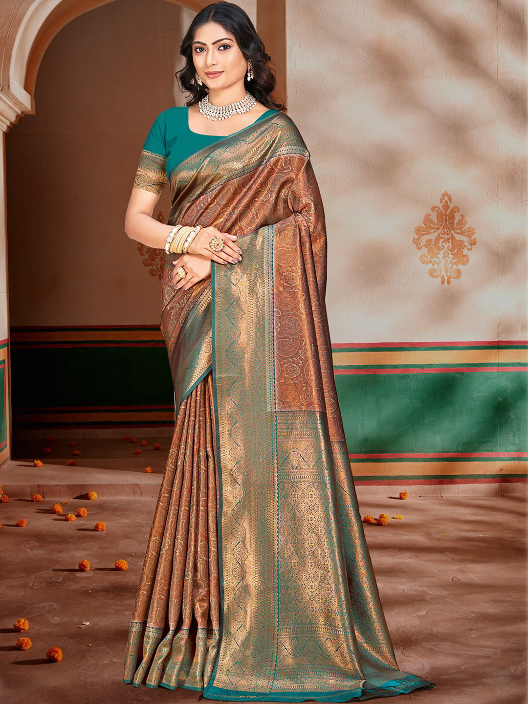 

SANGAM PRINTS Woven Design Zari Tussar Saree, Blue