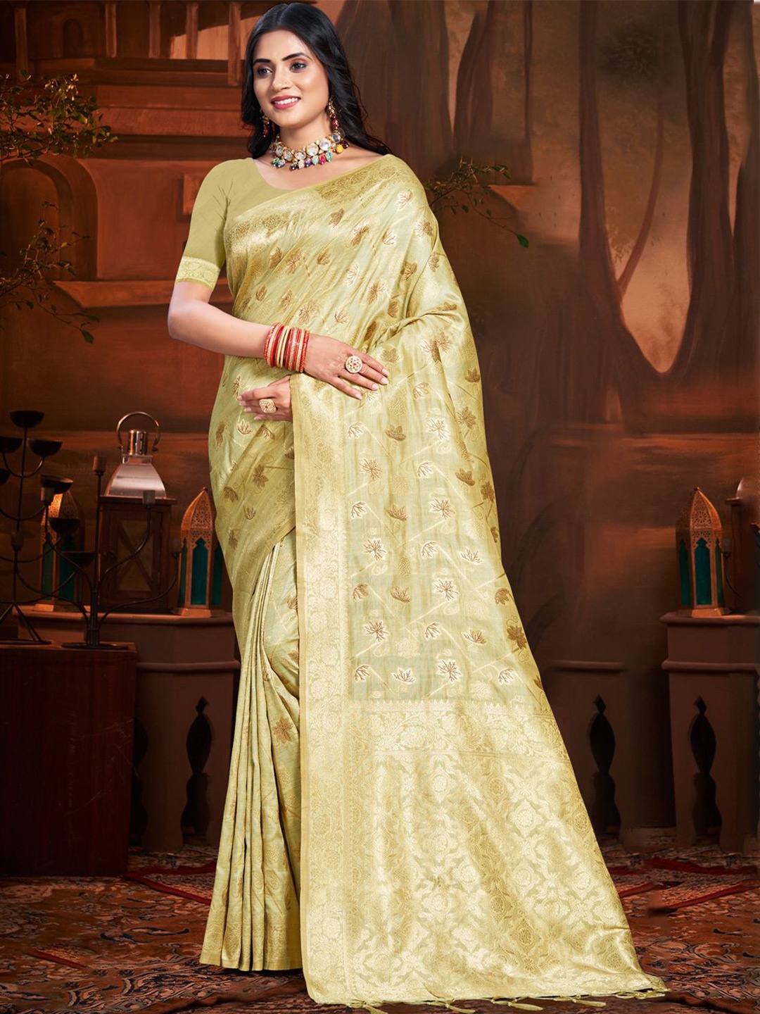 

SANGAM PRINTS Woven Design Zari Tussar Saree, Sea green