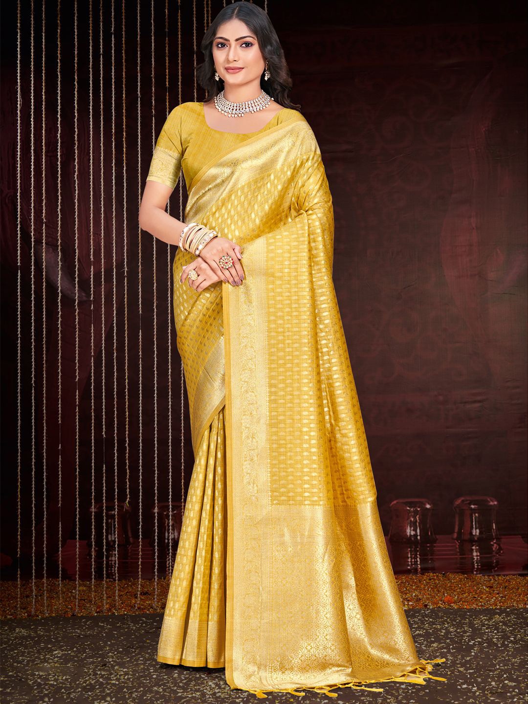 

SANGAM PRINTS Woven Design Zari Tussar Saree, Yellow