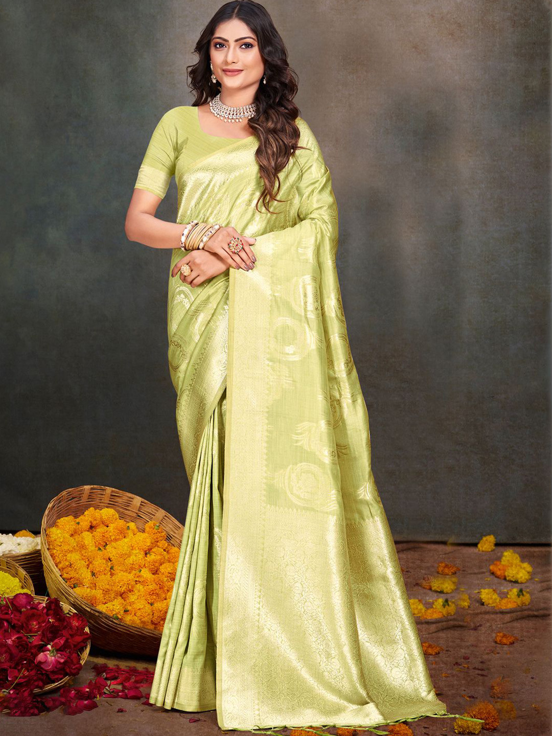 

SANGAM PRINTS Woven Design Zari Tussar Saree, Fluorescent green