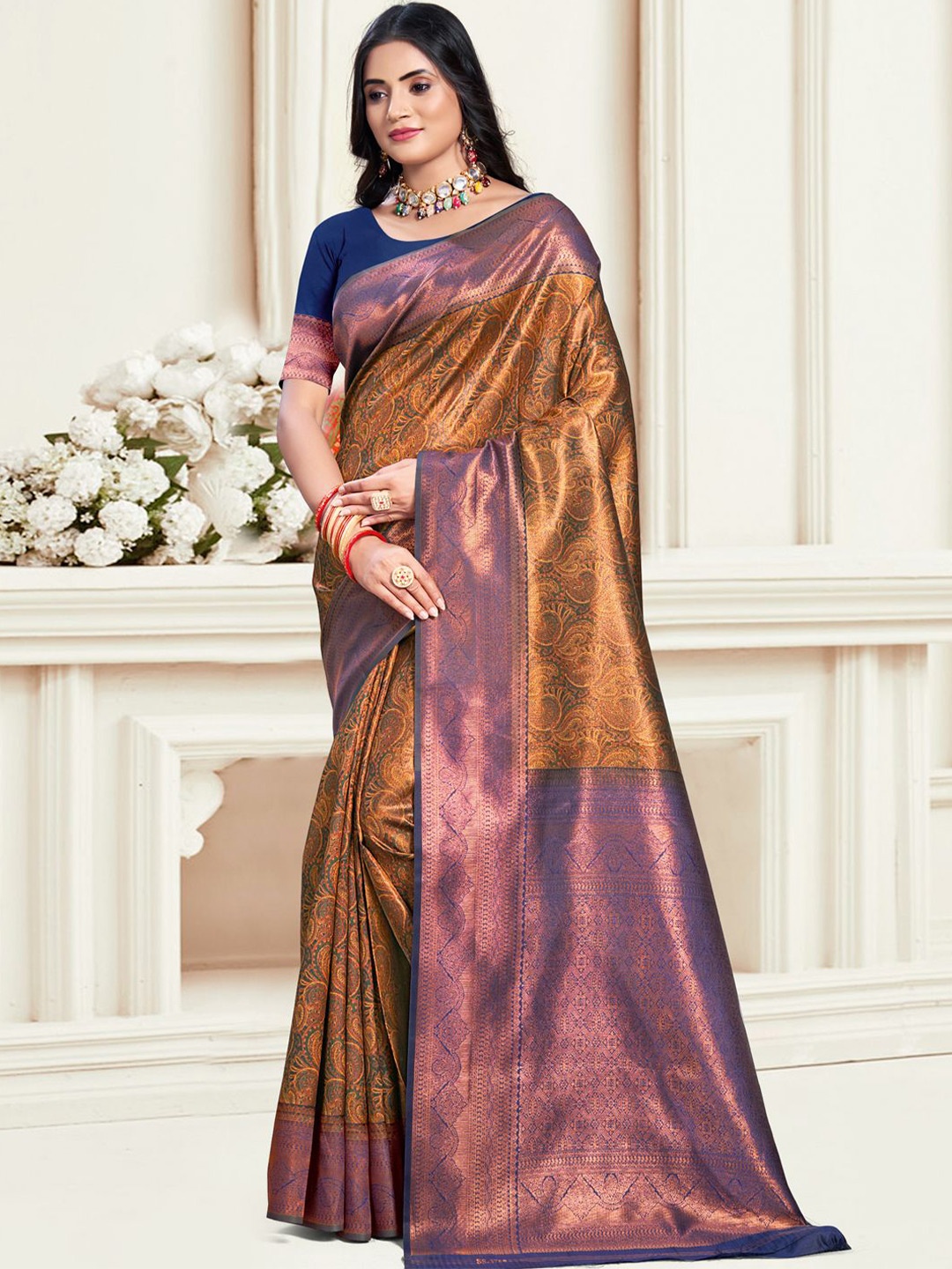 

SANGAM PRINTS Woven Design Zari Tussar Saree, Navy blue