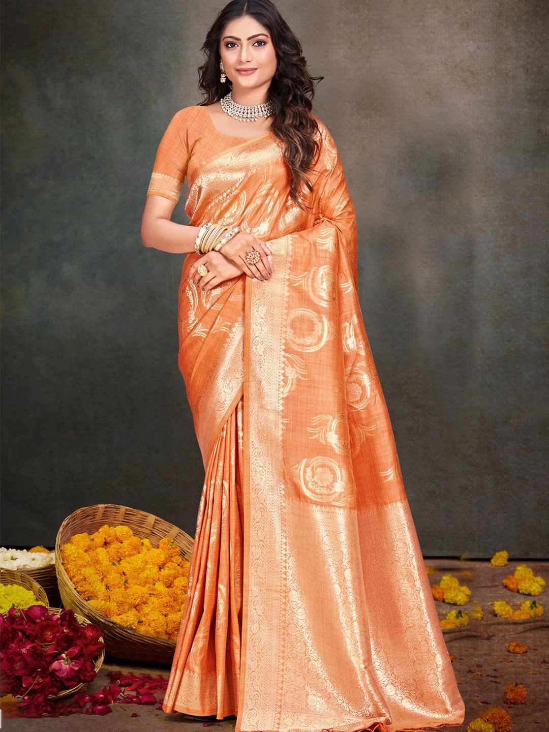 

SANGAM PRINTS Woven Design Zari Tussar Saree, Orange