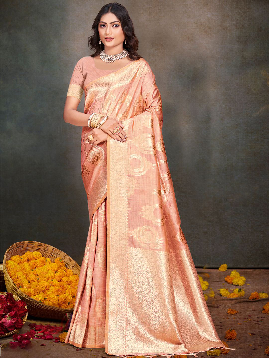 

SANGAM PRINTS Woven Design Zari Tussar Saree, Peach