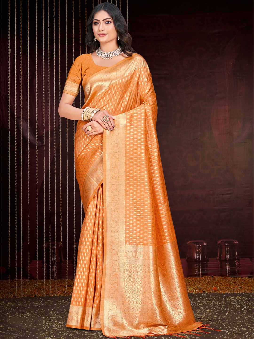 

SANGAM PRINTS Woven Design Zari Tussar Saree, Orange