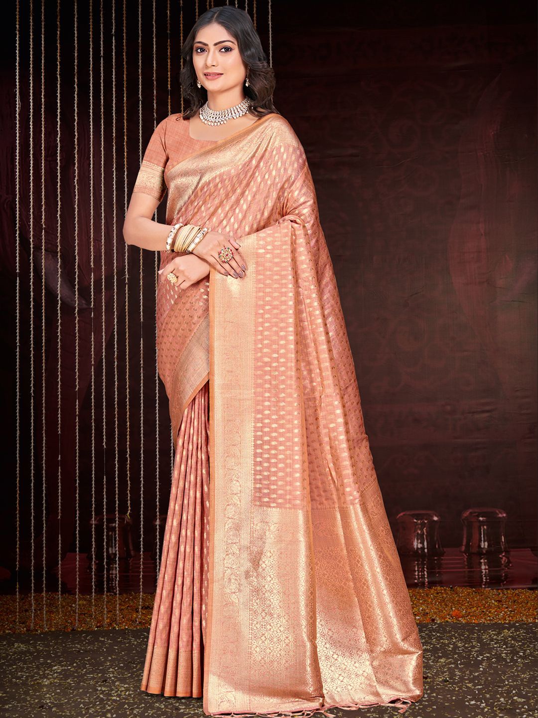 

SANGAM PRINTS Woven Design Zari Tussar Saree, Peach