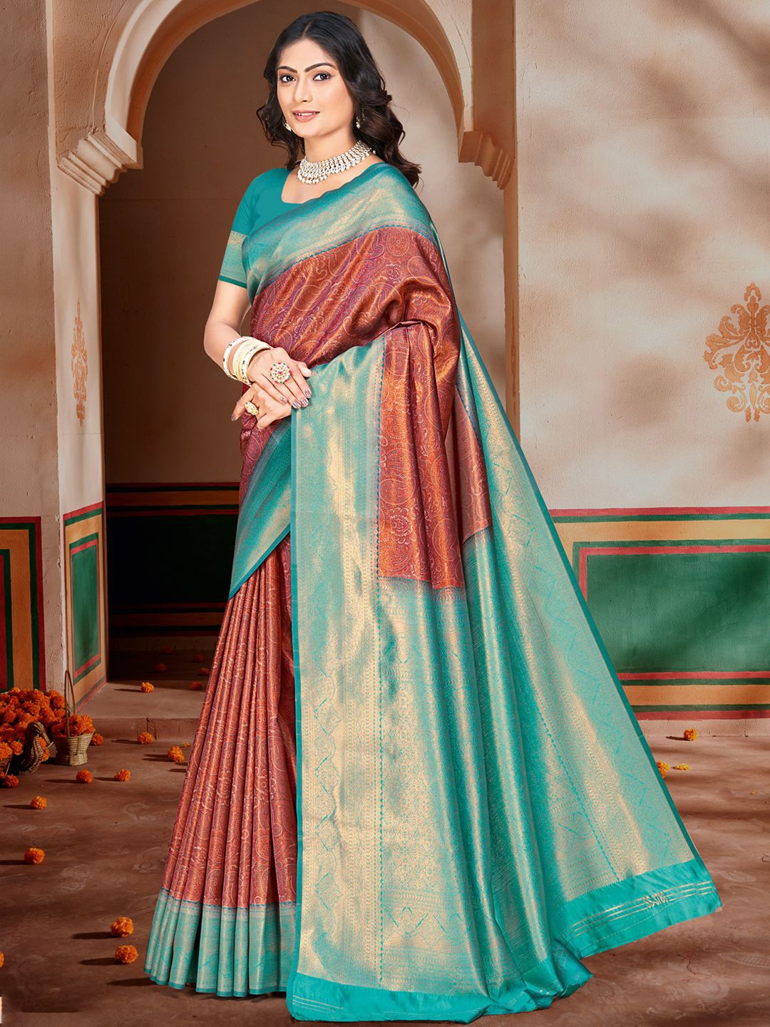 

SANGAM PRINTS Woven Design Zari Tussar Saree, Blue