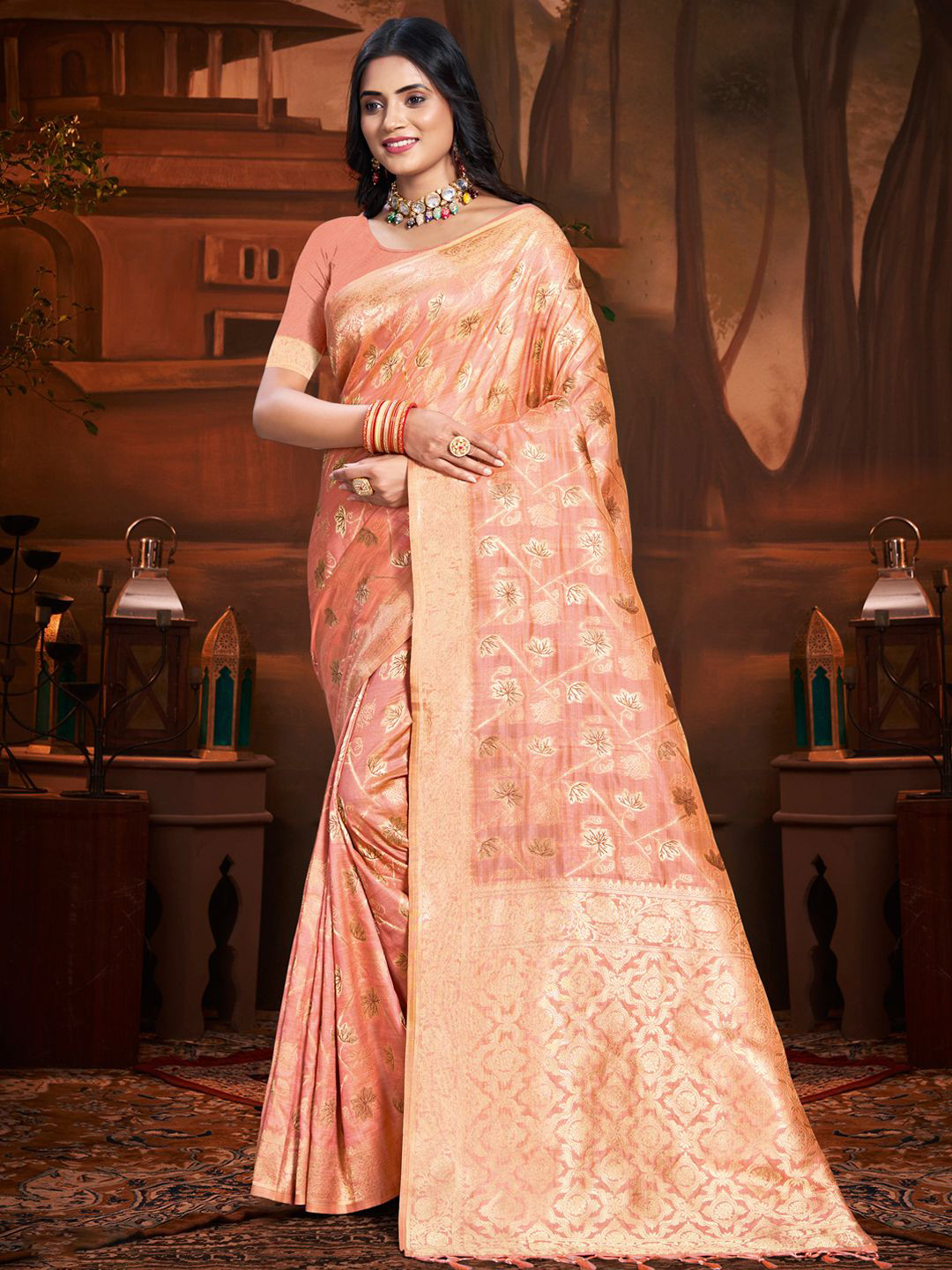

SANGAM PRINTS Woven Design Zari Tussar Saree, Pink