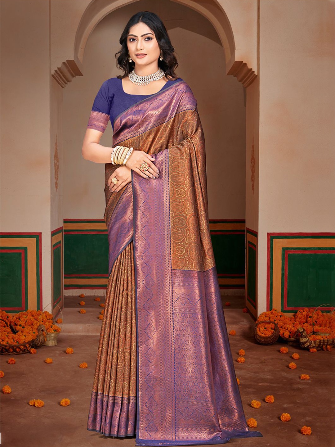 

SANGAM PRINTS Woven Design Zari Tussar Saree, Blue