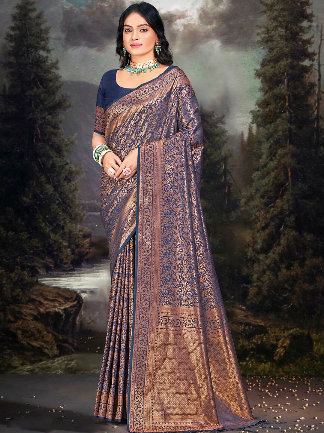 

SANGAM PRINTS Woven Design Zari Tussar Saree, Navy blue