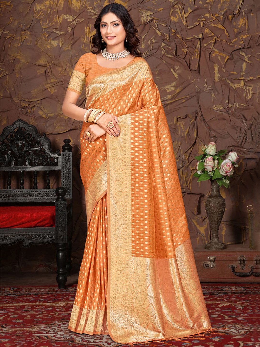

SANGAM PRINTS Ethnic Motifs Zari Tussar Saree, Orange
