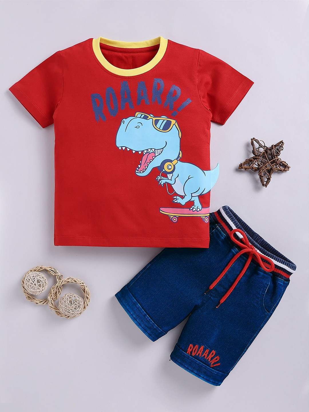 

LITTLE NINJA Boys Printed Pure Cotton T-shirt with Shorts, Red