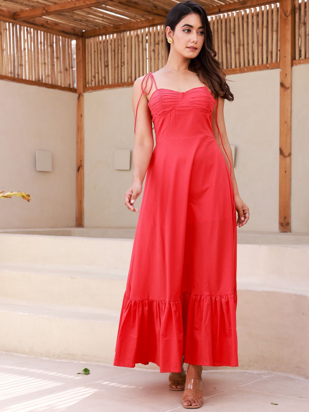 

MOONSTRUCK Women Shoulder Straps Sleeveless Cotton Flounce Maxi Dress, Red
