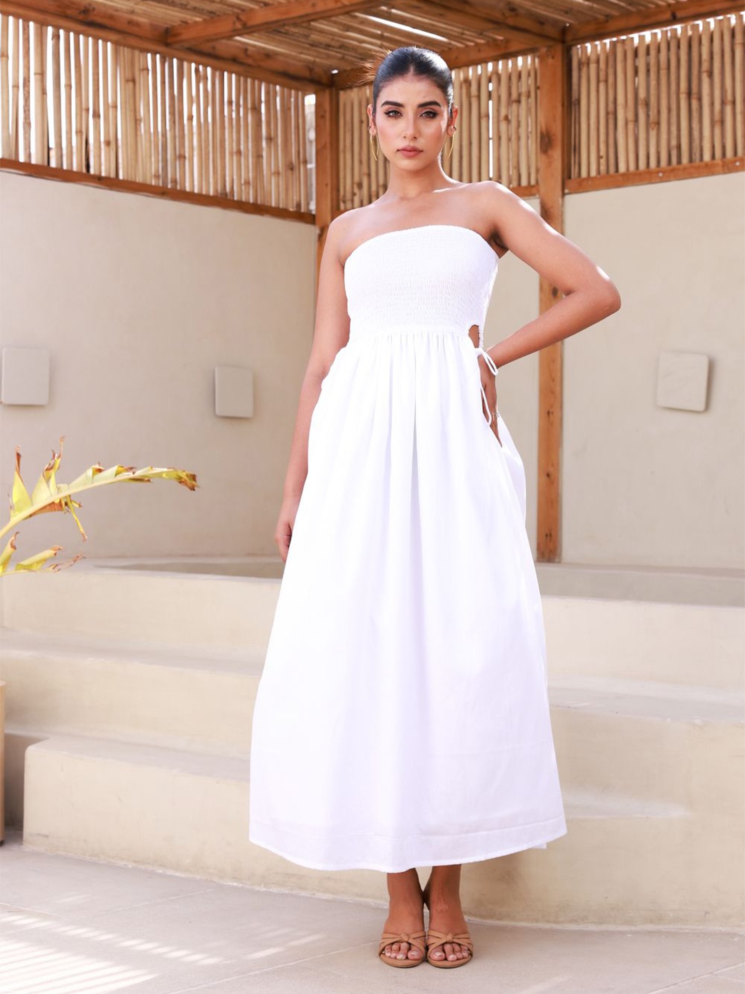 

MOONSTRUCK Women Solid Off-Shoulder Sleeveless Flared Cotton Maxi Dress, White
