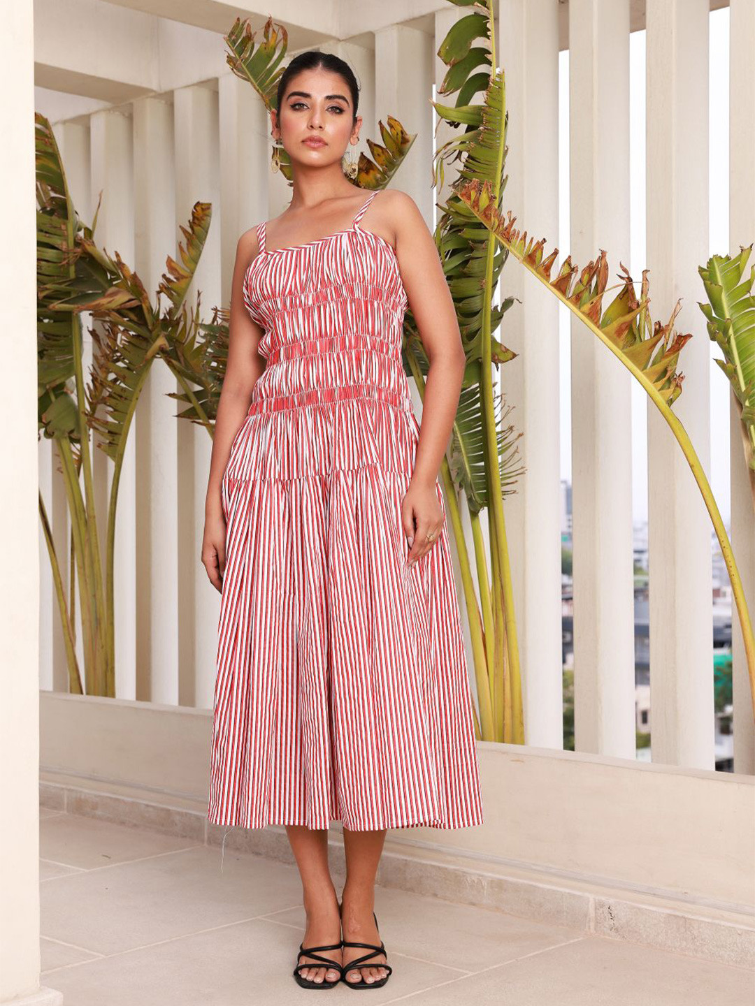

MOONSTRUCK Women Striped Shoulder Straps Sleevess Fit & Flare Midi Dress, Red