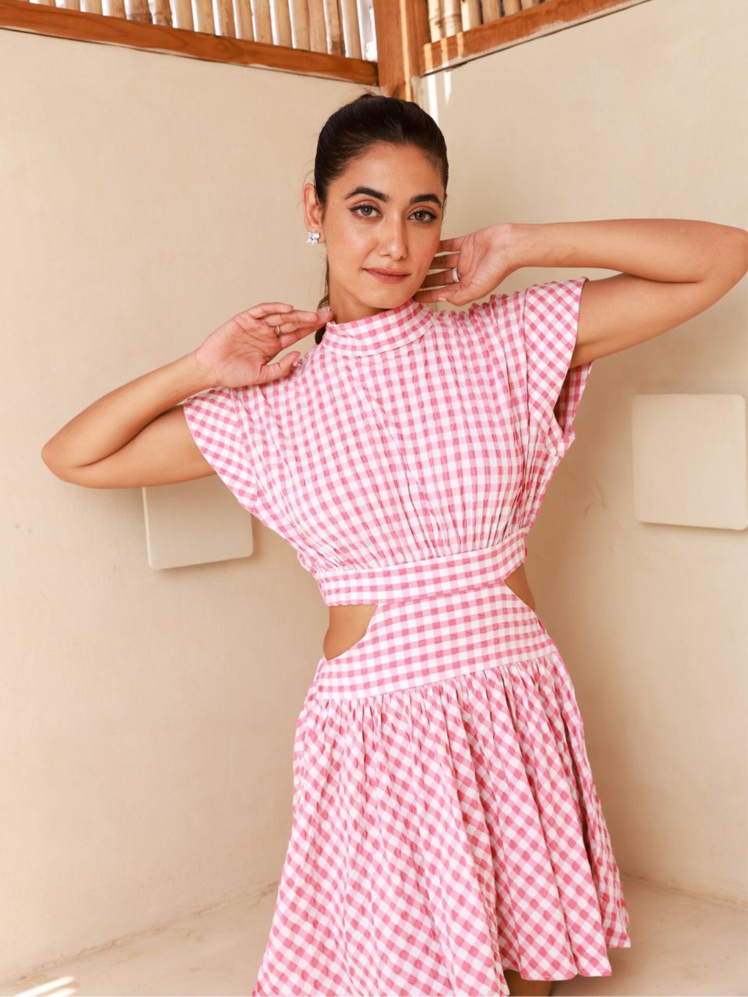 

MOONSTRUCK Women Checked Waist Cut-Outs Cap Sleeve Mini Fit & Flare Dress, Pink