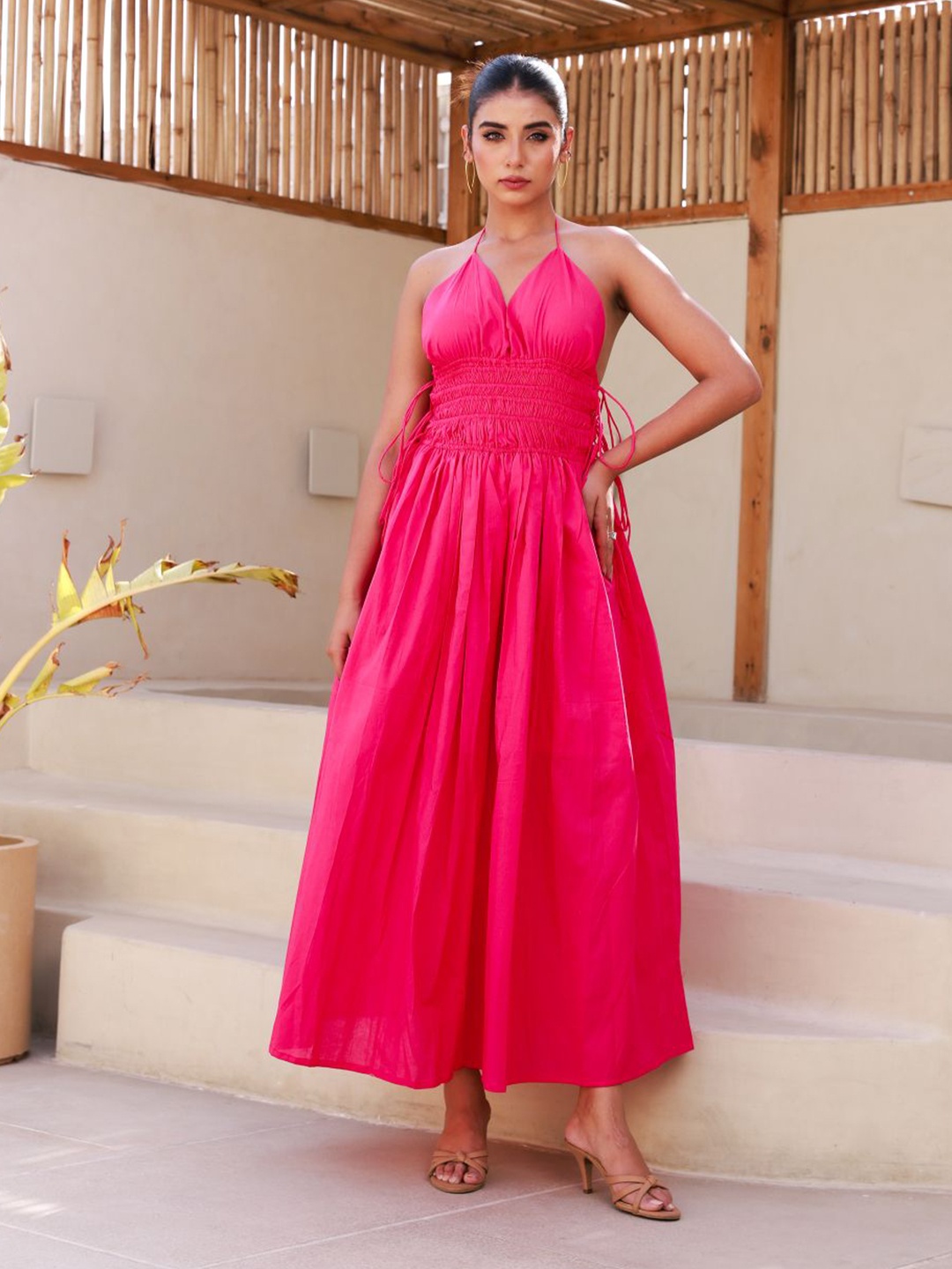

MOONSTRUCK Women Solid Halter Neck Sleeveless Flared Cotton Maxi Dress, Pink