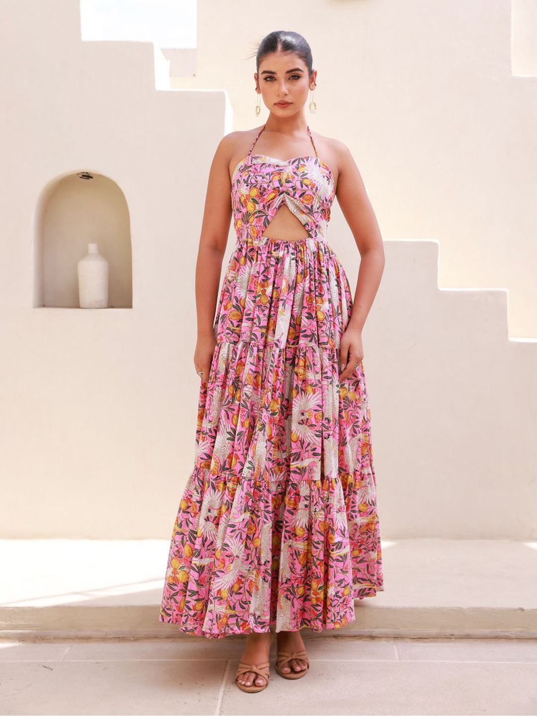 

MOONSTRUCK Women Tropical Print Sleeveless Halter Neck Maxi Dress, Pink