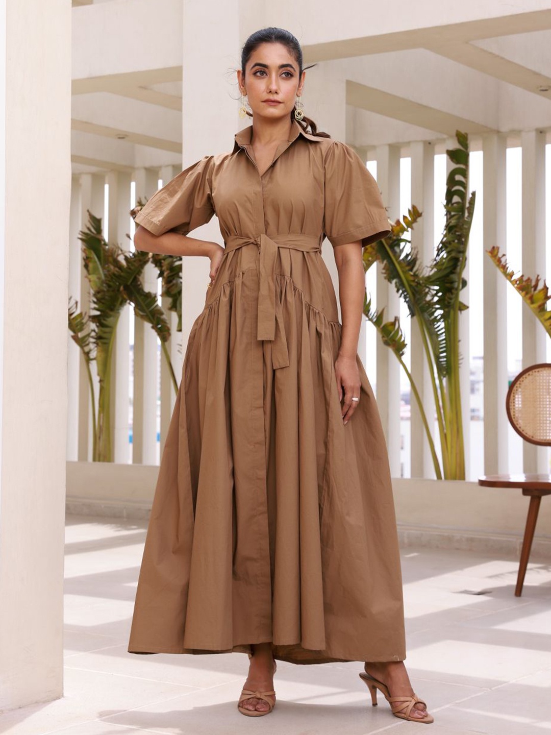 

MOONSTRUCK Women Shirt Collar Half Sleeve Maxi Dress, Beige