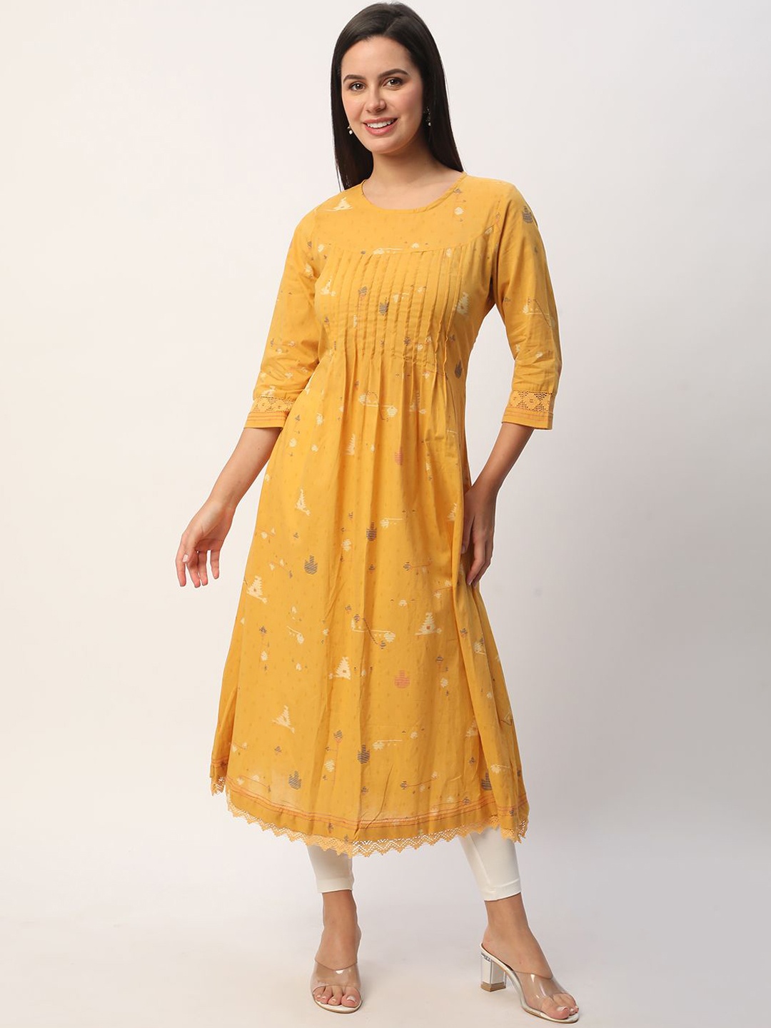 

R&B Aabstract Printed Cotton A-Line Kurta, Yellow