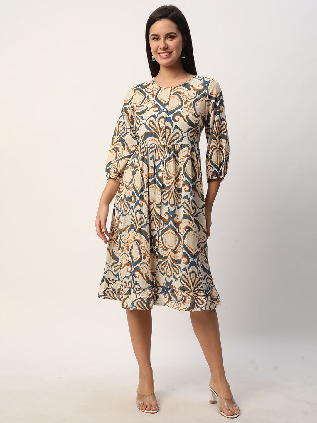 

R&B Abstract Printed Round Neck Anarkali Kurta, Beige