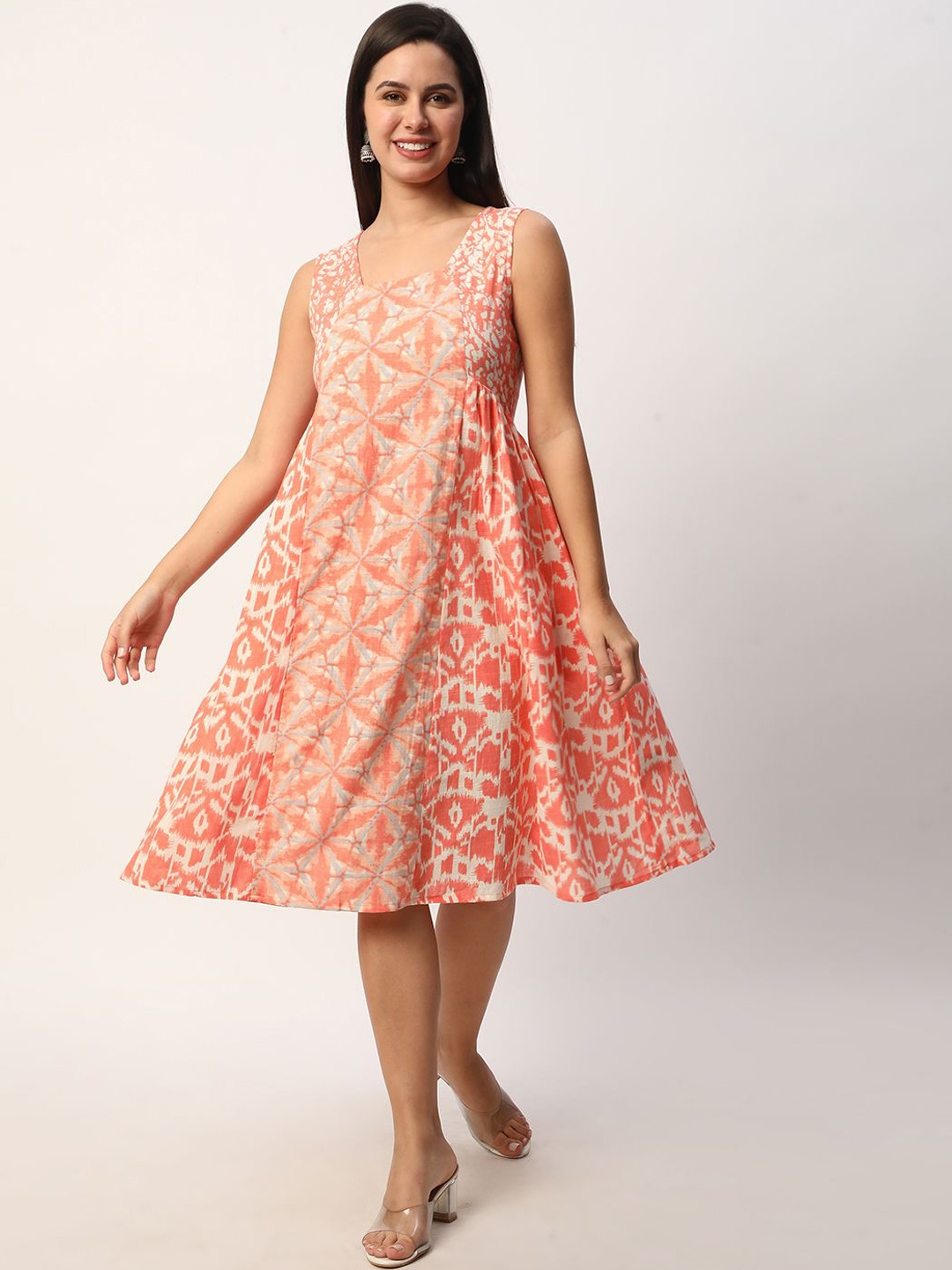 R&B Abstract Printed Round Neck A-Line Kurta, Orange