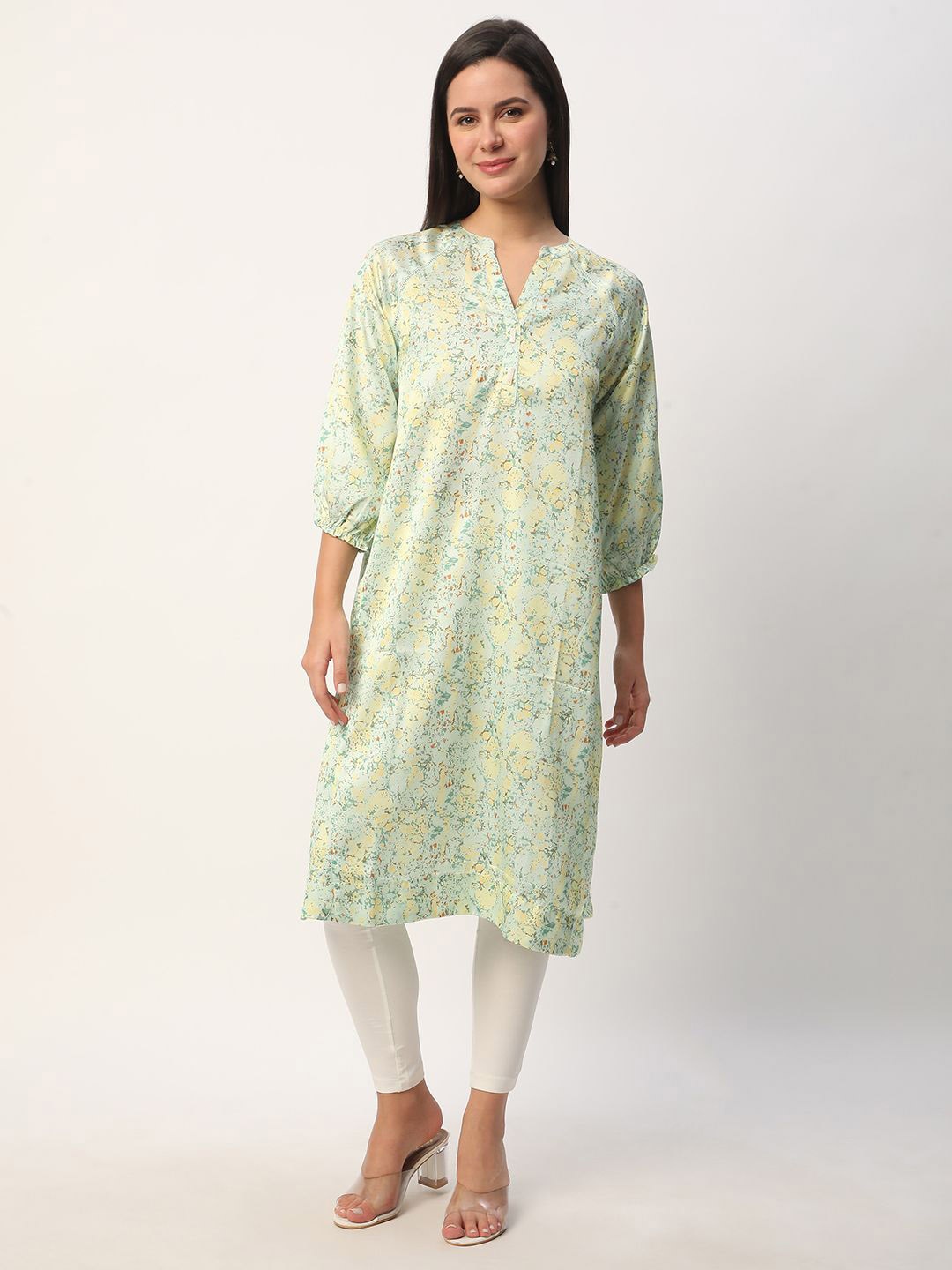 

R&B Abstract Printed Mandarin Collar Cotton Straight Kurta, Green