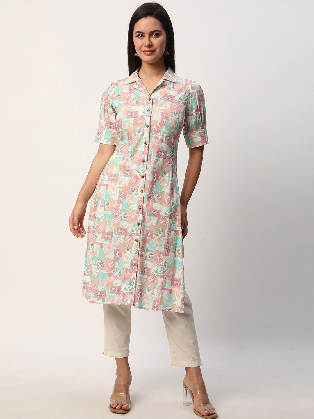 

R&B Abstract Printed Shirt Collar Puff Sleeves Straigth Kurta, Pink