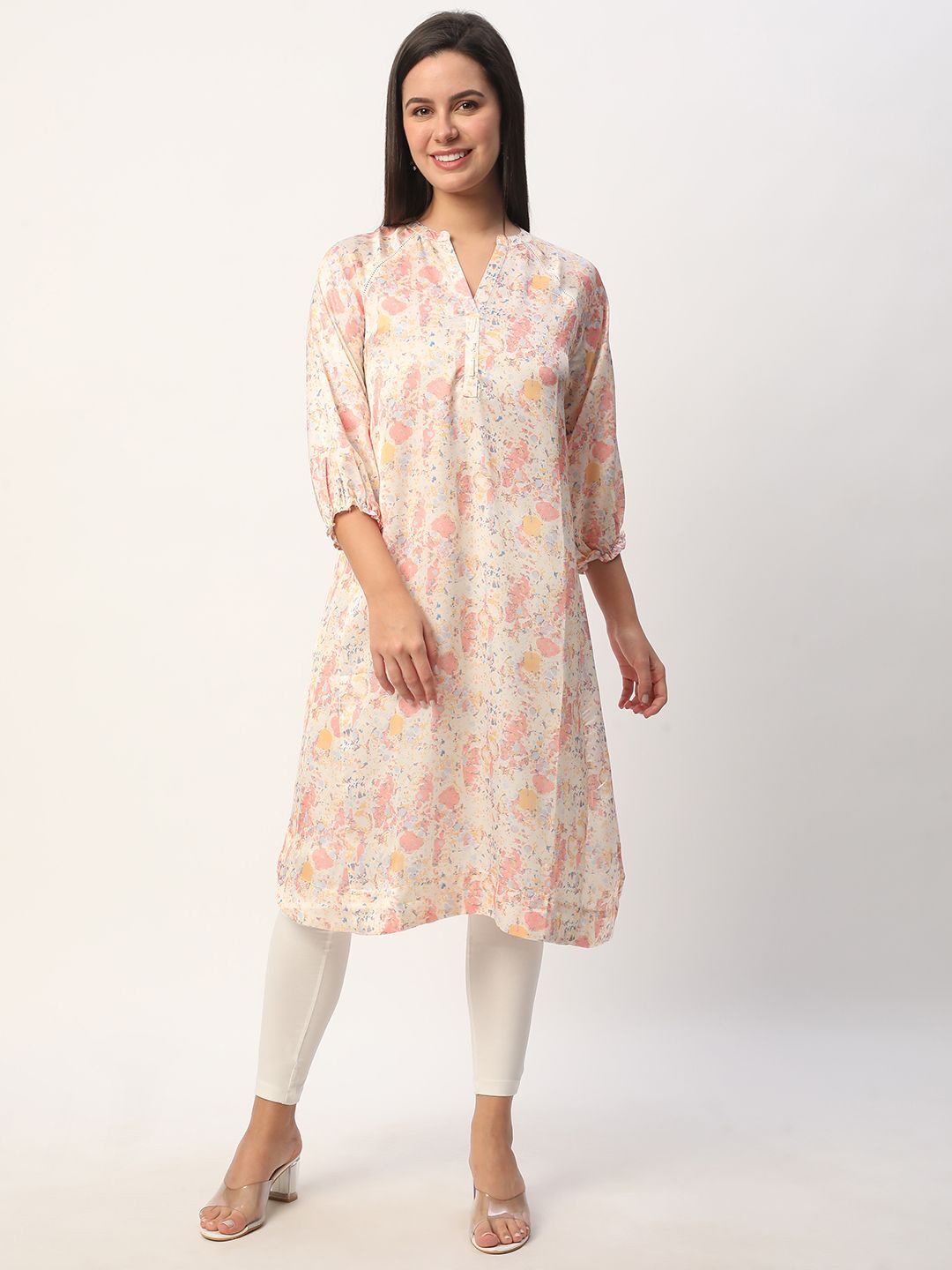 R&B Abstract Printed Cotton Anarkali Kurta, Pink