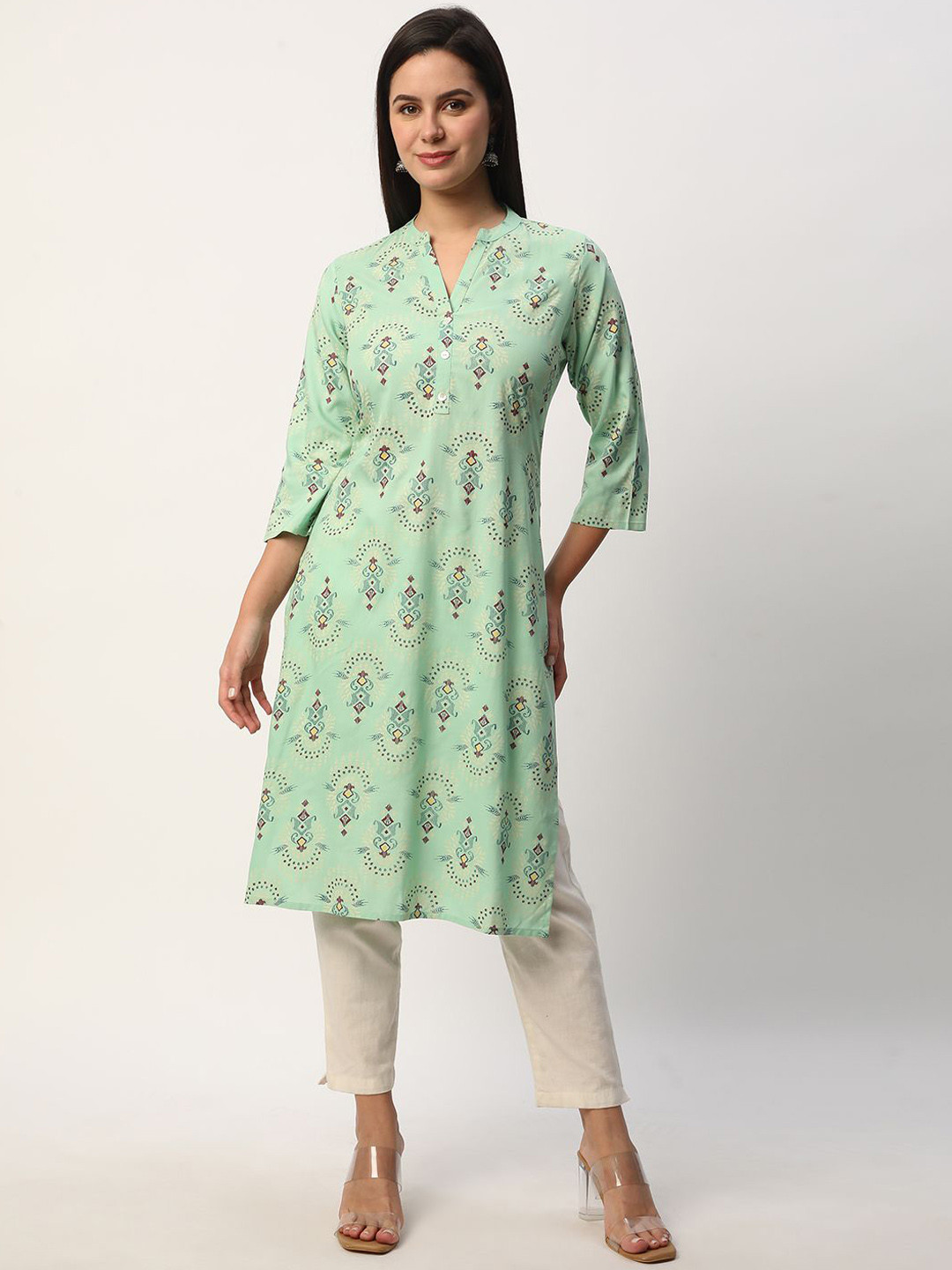 

R&B Floral Printed Cotton Straight Kurta, Green