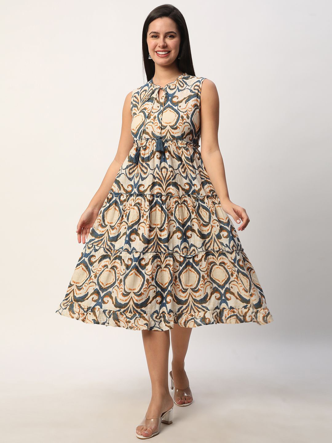 

R&B Tie Up Neck Ethnic Motifs Sleeveless Ethnic Dress, Beige
