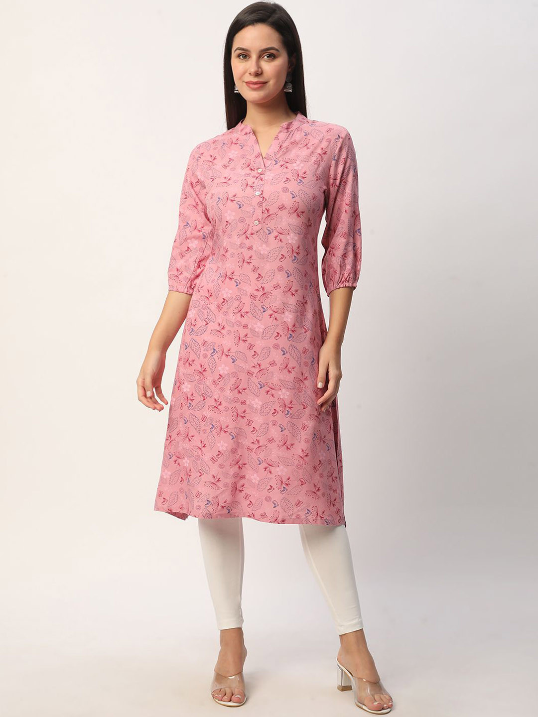 

R&B Mandarin Collar Floral Printed A Line Kurta, Pink