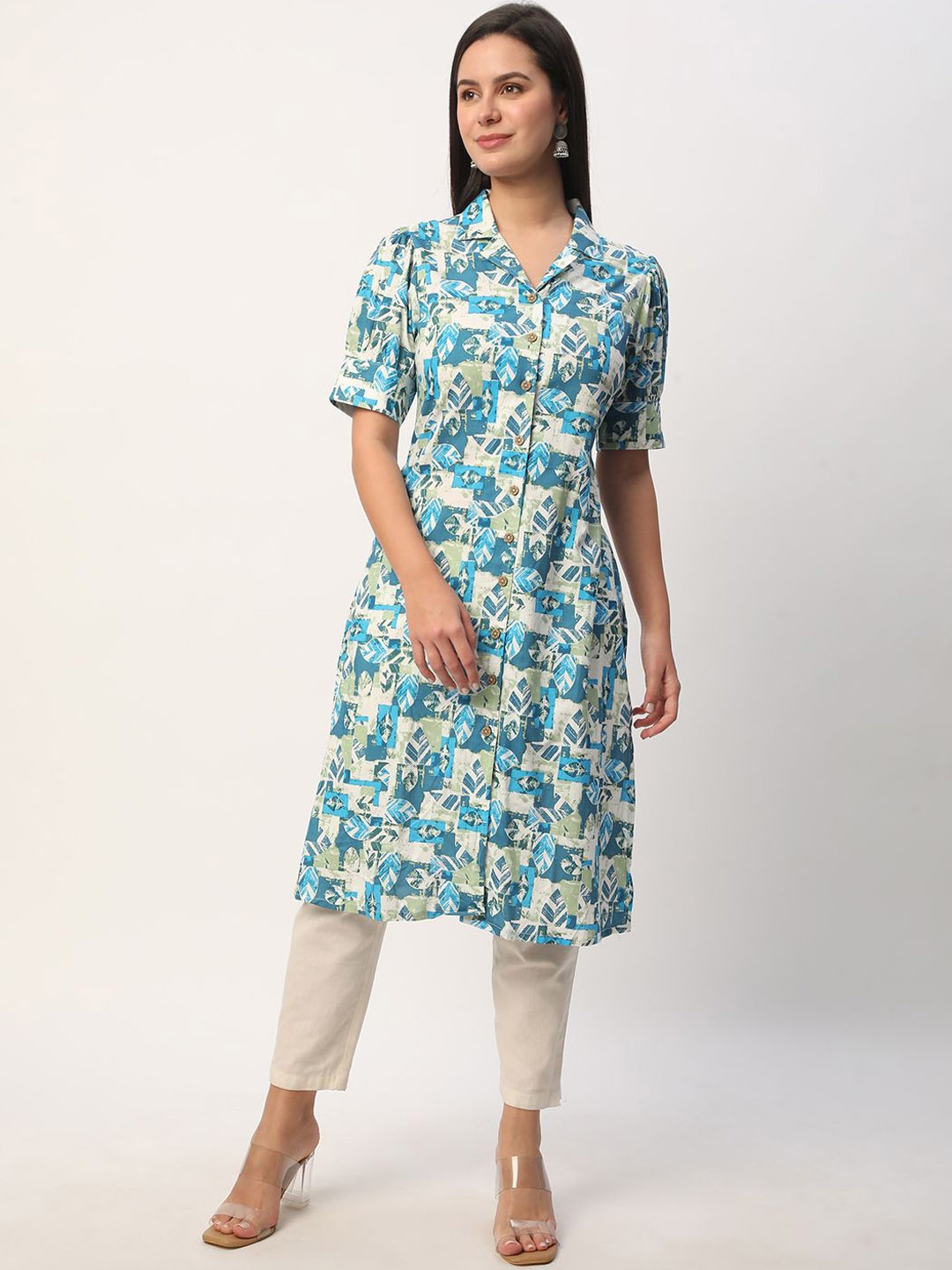 

R&B Floral Printed Shirt Collar A Line Kurta, Blue