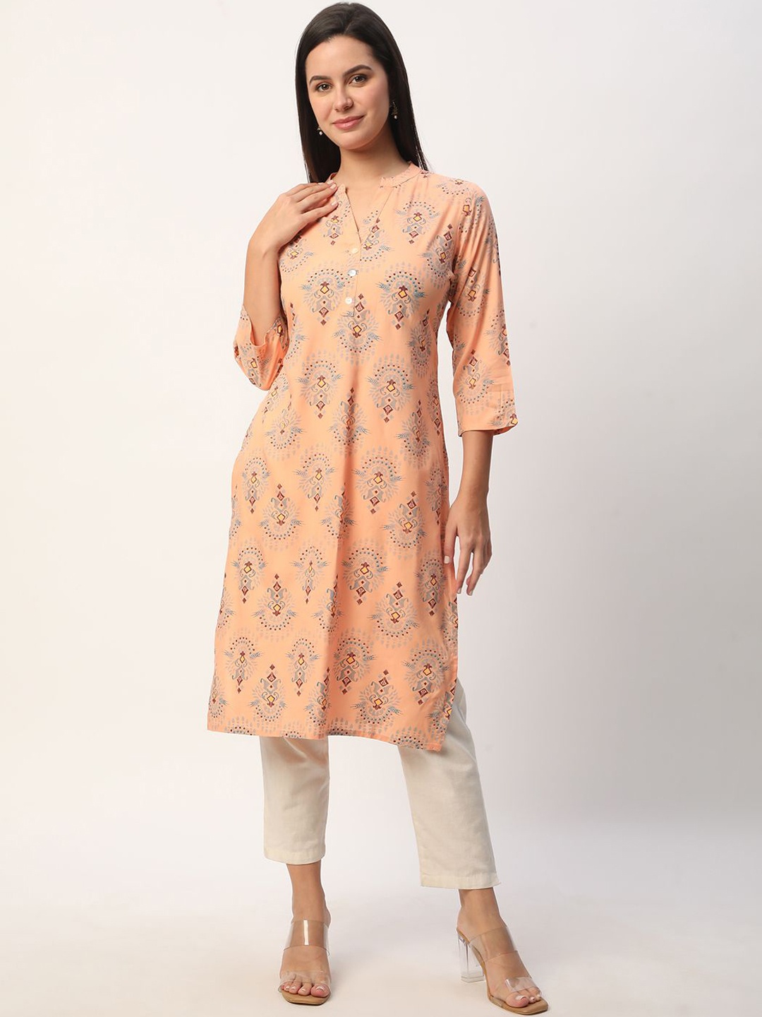 

R&B Mandarin Collar Floral Printed A Line Kurta, Pink