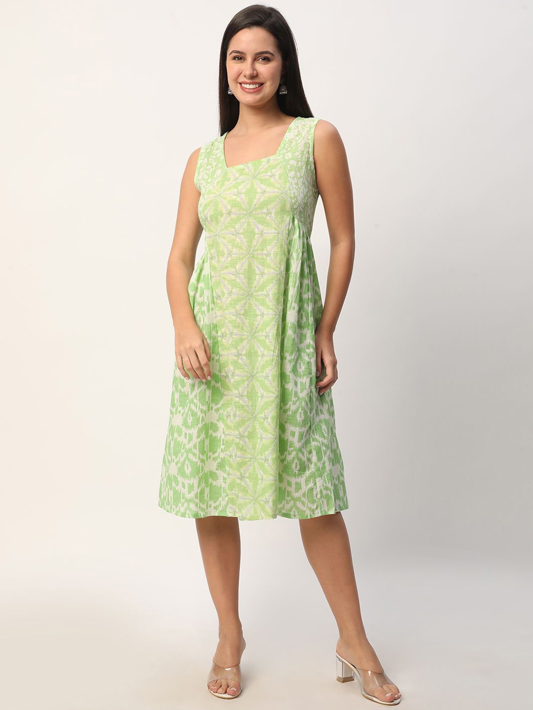 

R&B Square Neck Ethnic Motifs Printed Sleeveless Fit and Flare Dress, Green