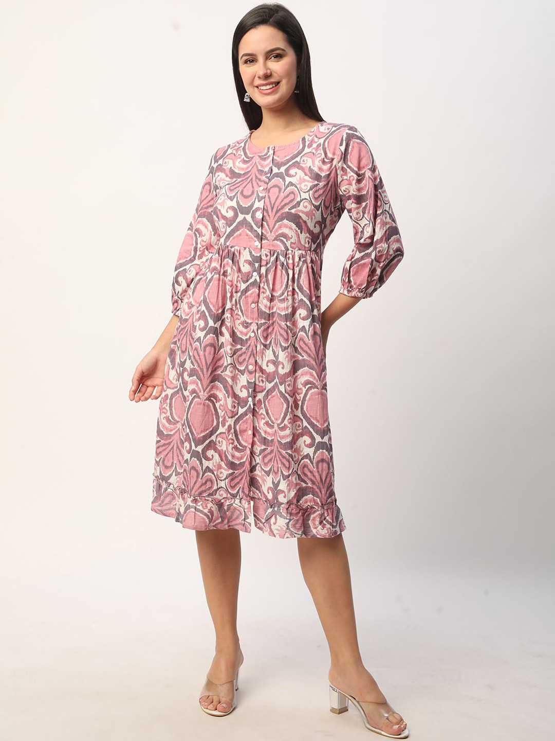 

R&B Round Neck Ethnic Motifs Printed Puff Sleeves Fit and Flare Ethnic Dress, Pink