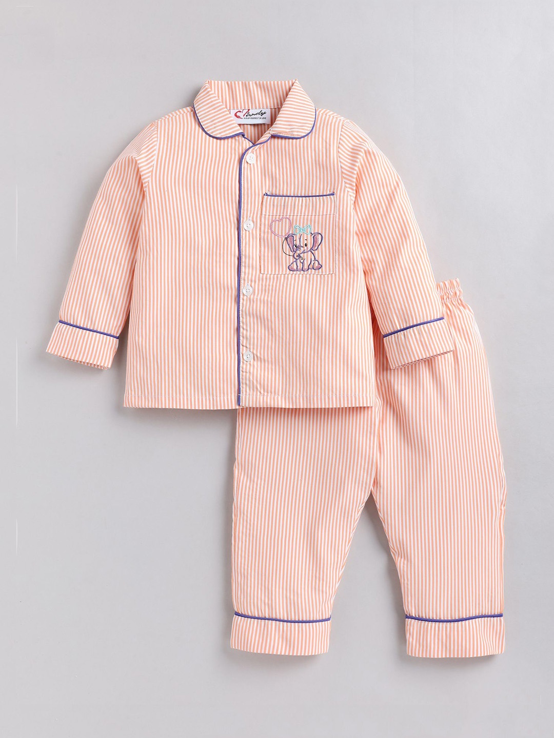 

BAESD Girls Collared Neck Striped Elephant Embriodery Pajama Set Night suit, Orange