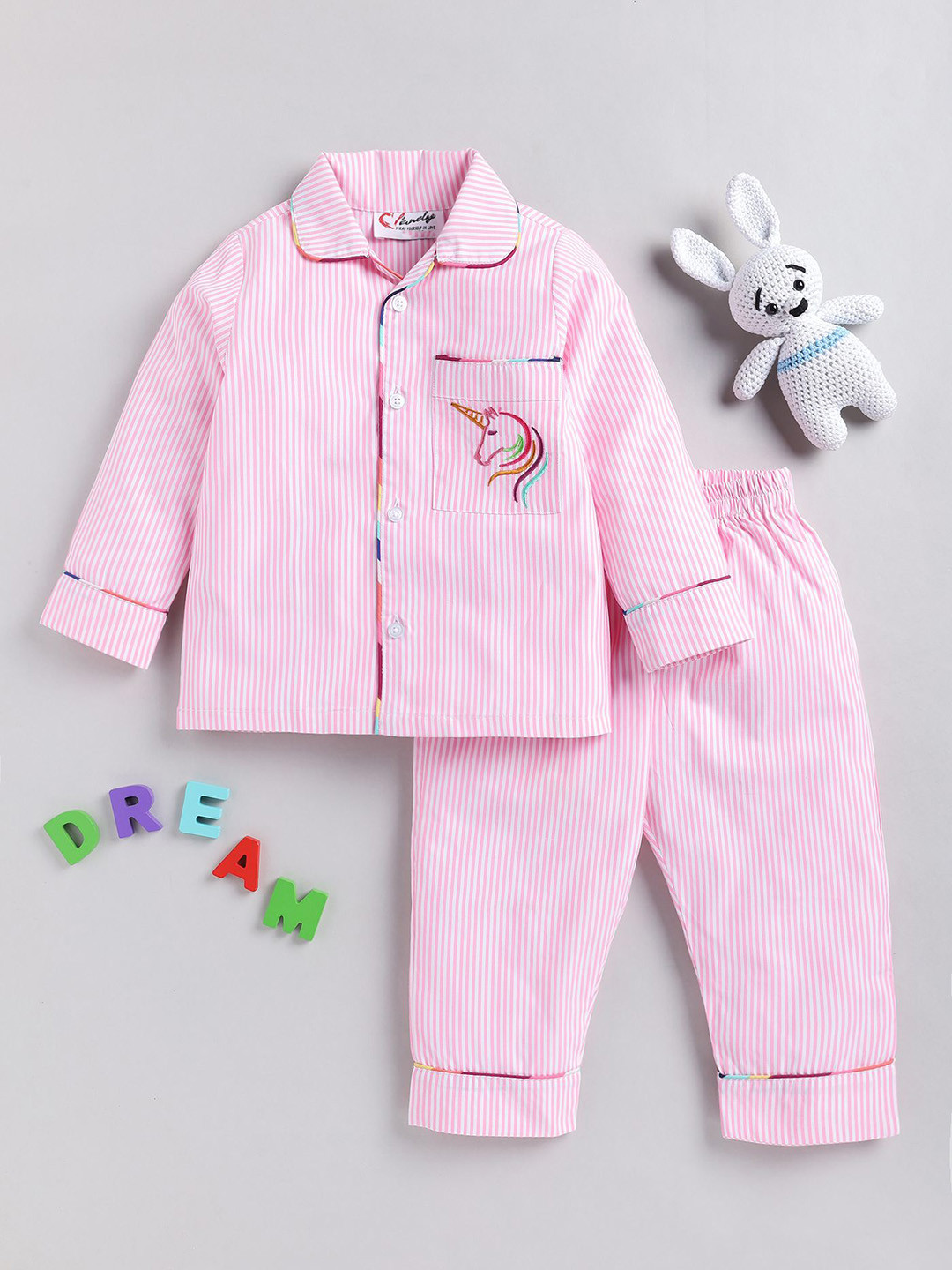 

BAESD Girls Striped Night suit, Pink