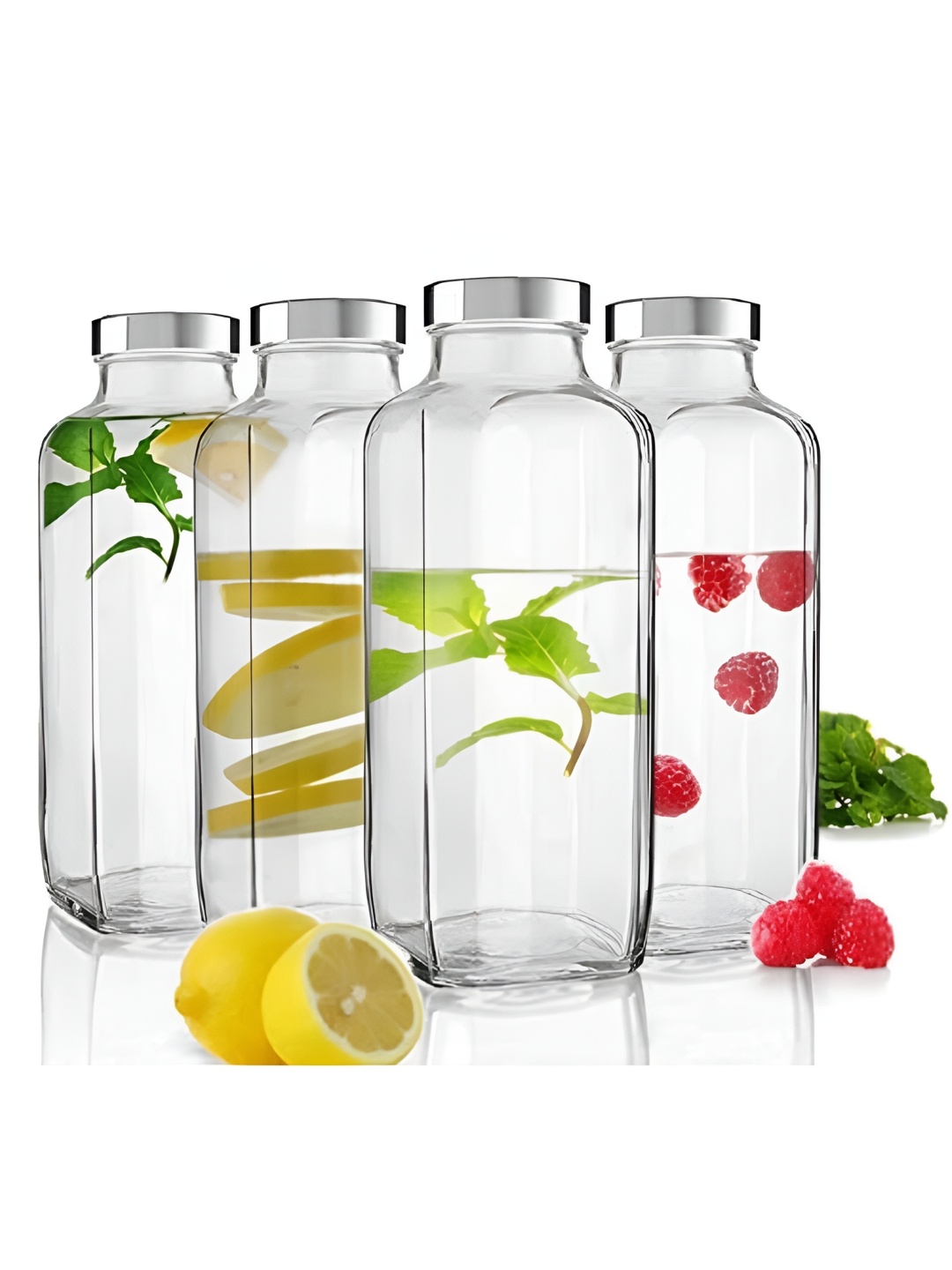 

tyche enterprises Transparent & Silver Toned 4 Pieces Glass Water Bottles 1 L Each