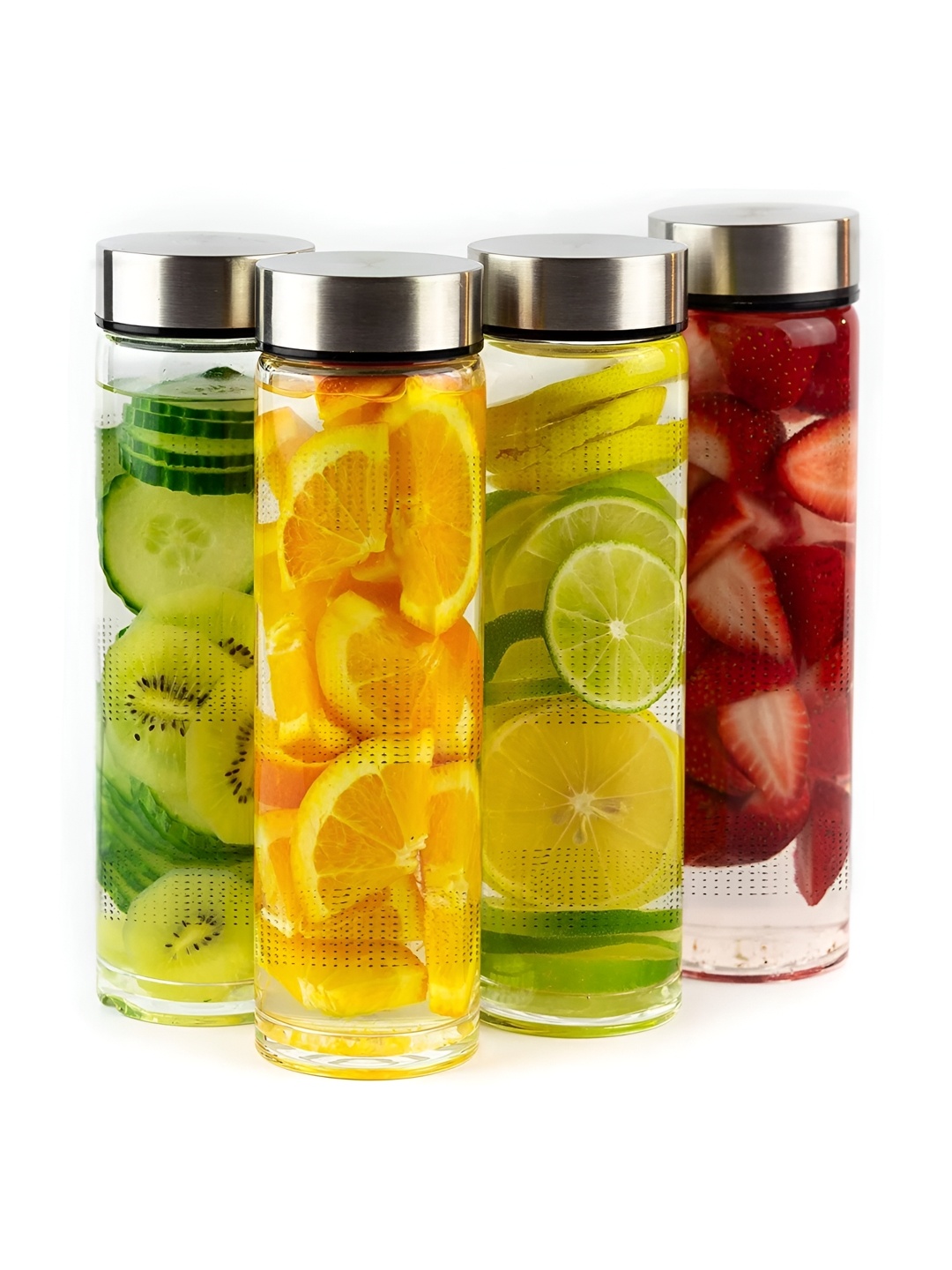 

tyche enterprises Transparent & Silver Toned 4 Pieces Glass Water Bottles 750 ml Each