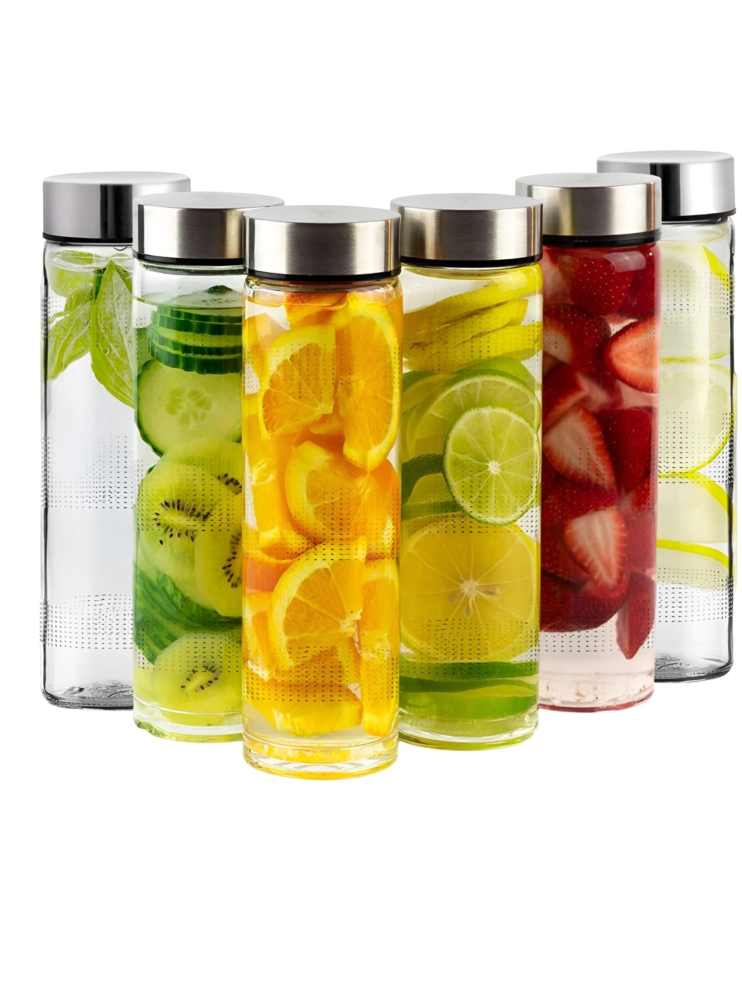 

tyche enterprises Transparent & Silver Toned 6 Pieces Glass Water Bottles 750 ml Each